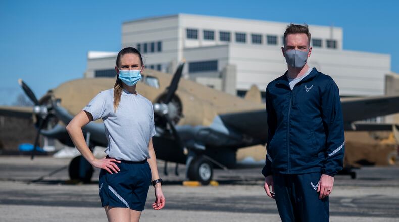 Air Force Uniform Office members 2nd Lt. Maverick Wilhite and 1st Lt. Avery Thomson put updated versions of the Air Force physical training gear, or PTG, uniform through their paces at Wright-Patterson Air Force Base last week. U.S. Air Force photo by Jim Varhegyi