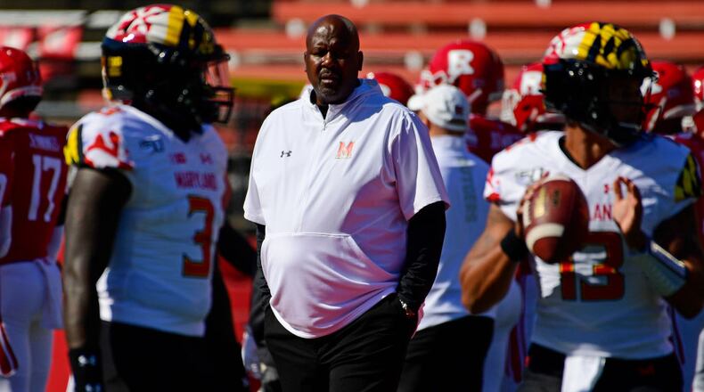 PISCATAWAY, NJ - OCTOBER 05: Head coach Mike Locksley of the Maryland Terrapins looks on during warms up before the game against the Rutgers Scarlet Knights SHI Stadium on October 5, 2019 in Piscataway, New Jersey. (Photo by Corey Perrine/Getty Images)