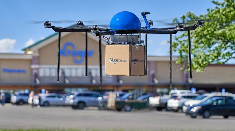 The Kroger Co. and Drone Express last month announced a pilot program to offer grocery delivery via autonomous drones and began testing it near the Centerville Kroger Marketplace. FILE