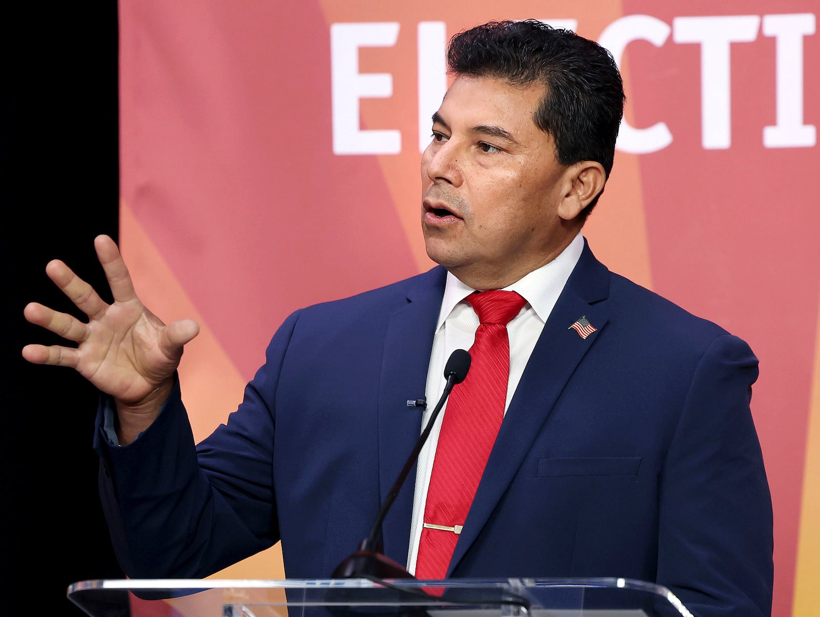 Candidate Jorge Rivas answers a question during the Republican primary debate inside the Arizona Public Media studio in Tucson, Ariz., June 9, 2025. (Mamta Popat/Arizona Daily Star via AP)