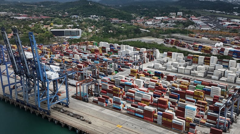 Containers sit at the Balboa terminal, run by CK Hutchison's Panama Ports Co., after Panama's government ordered the occupation of the port following a Supreme Court ruling that the concession was unconstitutional, in Panama City, Monday, Feb. 23, 2026. (AP Photo/Matias Delacroix)