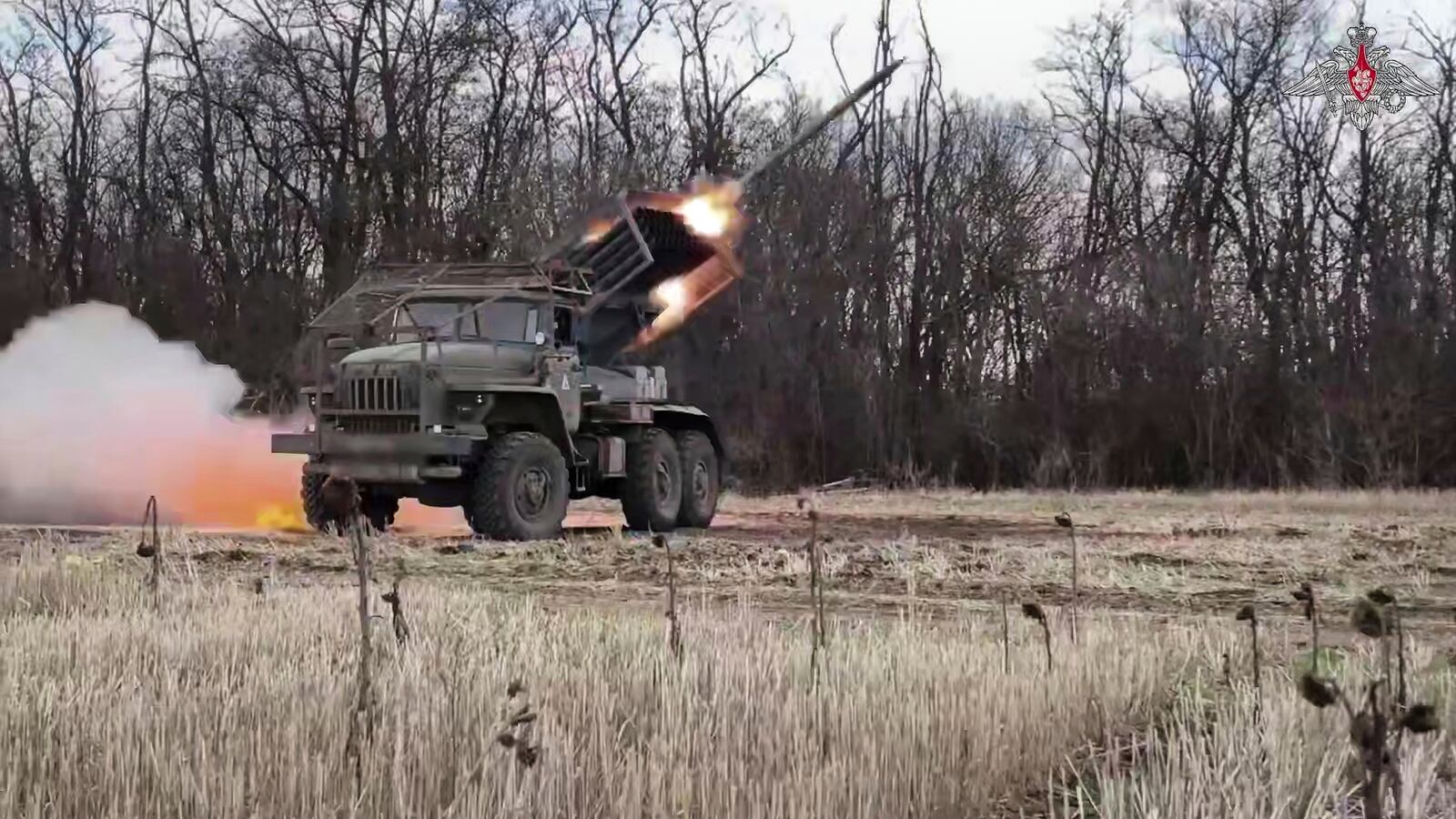 In this photo taken from video distributed by Russian Defense Ministry Press Service on Friday, April 18, 2025, the Russian BM-21 "Grad" self-propelled 122 mm multiple rocket launcher fires towards Ukrainian positions in Ukraine. (Russian Defense Ministry Press Service via AP)