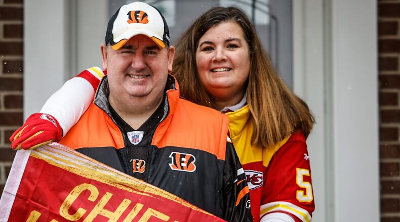 Kathy Ann is a Chiefs fan and Mike Mossbarger is a Bengals fan. Both will be cheering for their teams this Sunday. “I’m originally from Kansas City, that’s where I was born and raised,” said Kathy Ann, who is the Chiefs fan in their household. Mike is a lifelong Bengals fan having grown up around his father’s and grandfather’s love of the team. JIM NOELKER/STAFF