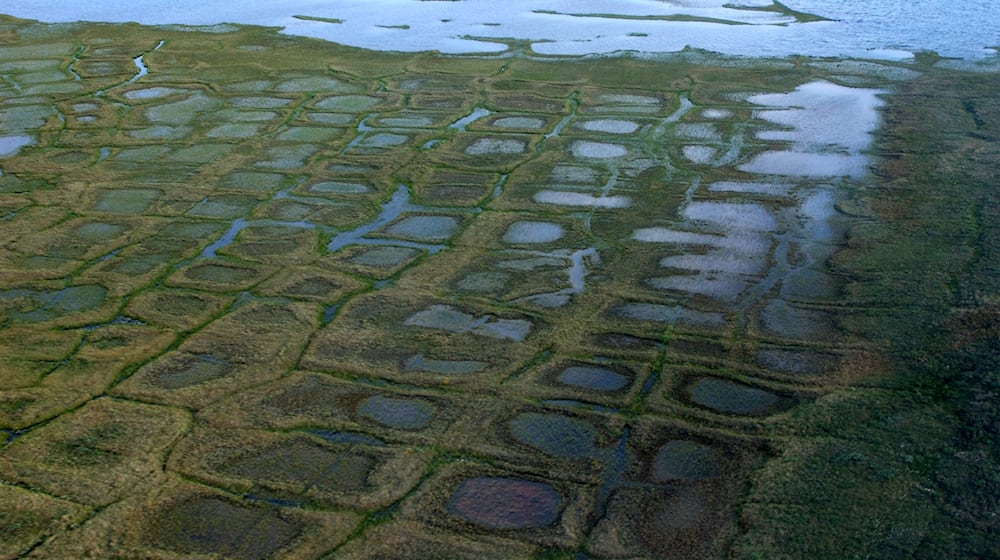 FILE - In this undated photo, provided by the United States Geological Survey, permafrost forms a grid-like pattern in the National Petroleum Reserve-Alaska, managed by the Bureau of Land Management on Alaska's North Slope. (David W. Houseknecht/United States Geological Survey via AP, File)