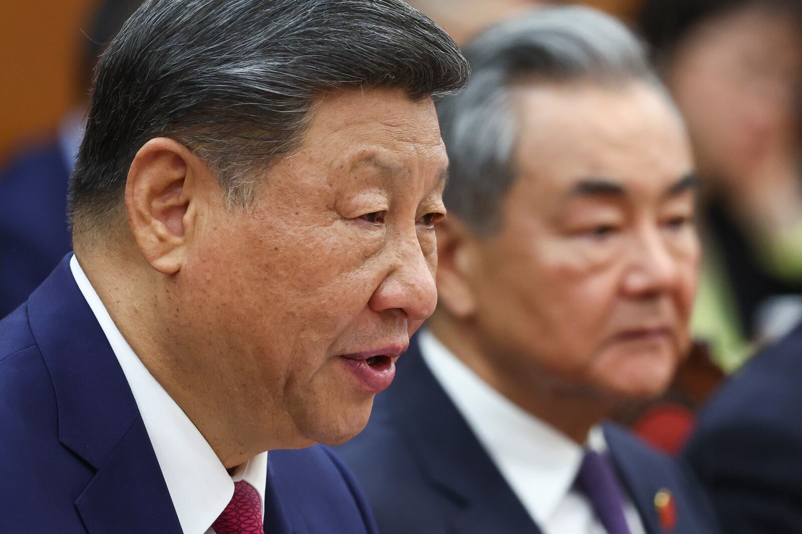 Chinese President Xi Jinping looks on during a meeting with Vietnam's National Assembly Chairman Tran Thanh Man during a two-day state visit, in Hanoi, Vietnam, Monday April 14, 2025. (Athit Perawongmetha/Pool Photo via AP)
