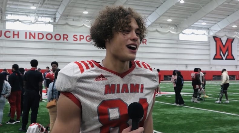 Miami receiver Cole Weaver talks with media following the team's Spring Showcase on Saturday, April 26 inside the Dauch Indoor Sports Center. CONTRIBUTED PHOTO