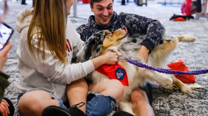As student exams and pressure mount at this campus, Miami University are gearing up for its annual “Stress Less Week” with a small army of therapy dogs, masseuses, relaxing games and mental health resources.The yearly event is one of the more visible parts of Miami’s push in recent years to better address the mental health needs of its more than 24,000 undergraduate and graduate students. NICK GRAHAM/STAFF