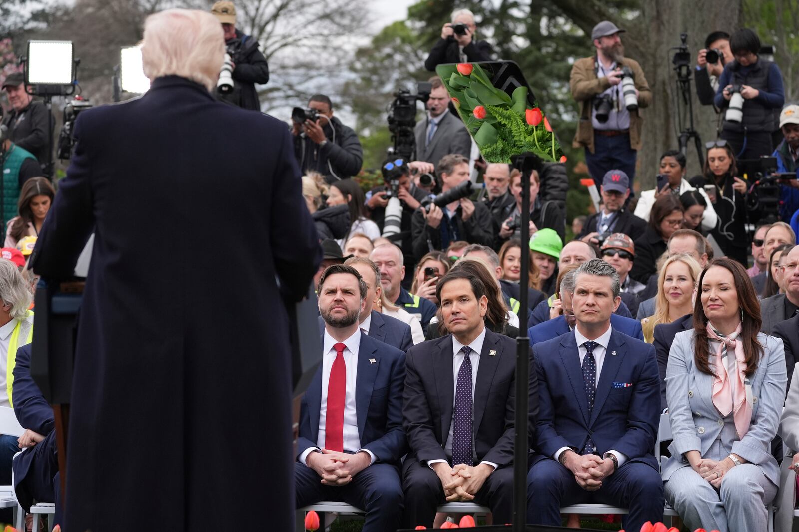 President Donald Trump speaks during an event to announce new tariffs in the Rose Garden of the White House, Wednesday, April 2, 2025, in Washington, as Vice President JD Vance, Secretary of State Marco Rubio, Defense Secretary Pete Hegseth and Agriculture Secretary Brooke Rollins listen. (AP Photo/Evan Vucci)