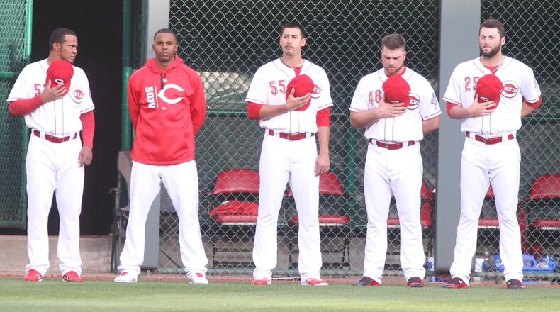 Reds relievers (left to right) Wandy Peralta, Raisel Iglesias, Robert Stephenson, Barrett Astin and Cody Reed stand for the national anthem before a game against the Brewers on Thursday, April 13, 2017, at Great American Ball Park in Cincinnati. David Jablonski/Staff
