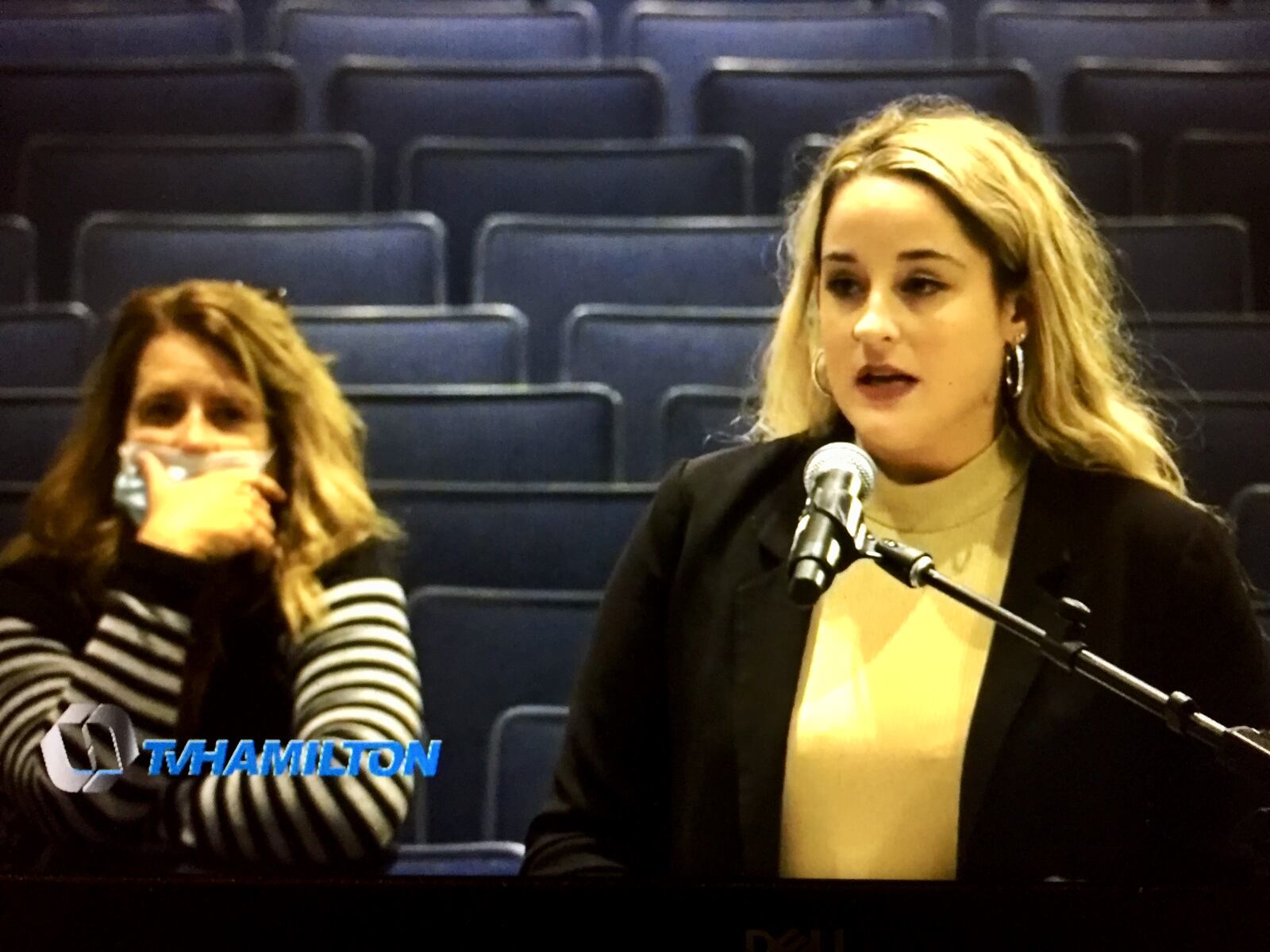 An at times loud crowd of dozens of Hamilton school parents attended the city schools' governing board meeting Thursday evening, with some sharply criticizing the district's recent mandatory mask orders. Among them was school parent Jennifer Gaston, who told the board to "unmask our children." (Photo By Michael D. Clark\Journal-News)