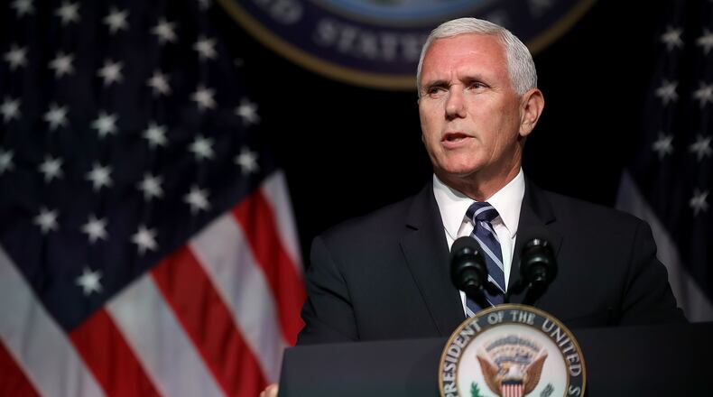 U.S. Vice President Mike Pence announces the Trump Administration’s plan to create the U.S. Space Force by 2020 during a speech at the Pentagon August 9, 2018 in Arlington, Virginia. Describing space as adversarial and crowded and citing threats from China and Russia, Pence said the new Space Force would be a separate, sixth branch of the military. (Photo by Chip Somodevilla/Getty Images)