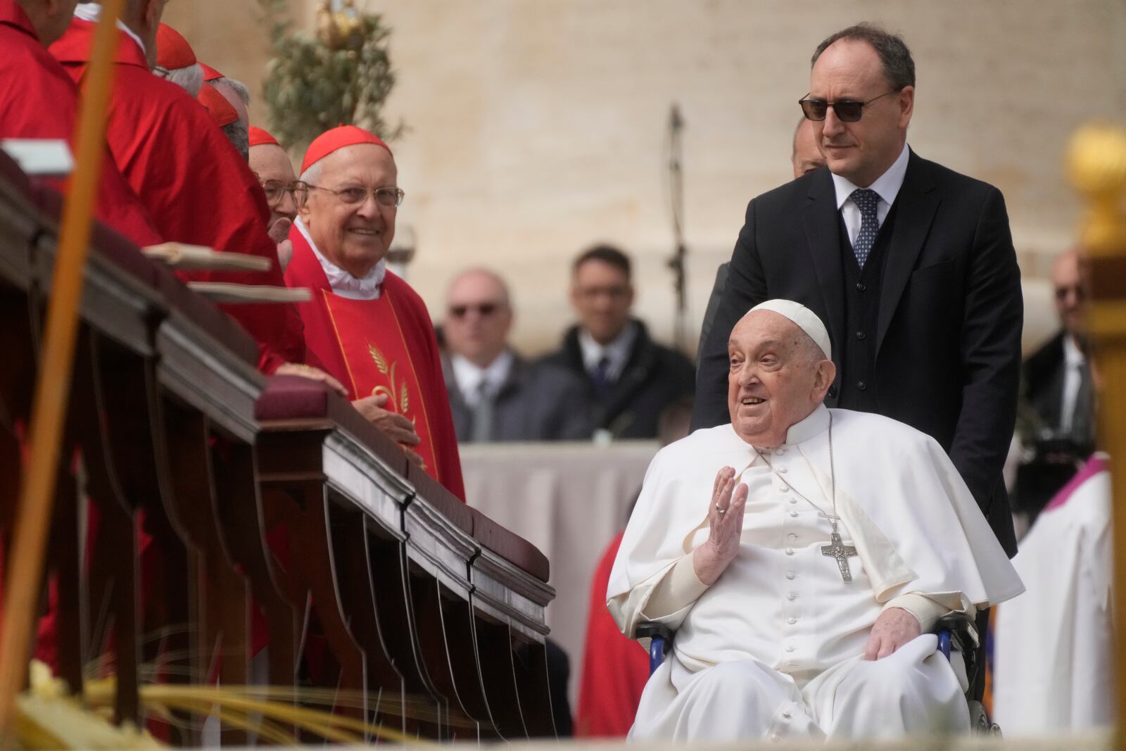 Pope Francis arrives at the end of the mass on Palm Sunday in St. Peter's Square at The Vatican, Sunday, April 13, 2025. (AP Photo/Gregorio Borgia)