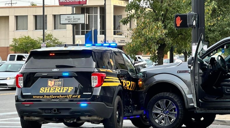 A chase of an allegedly stolen vehicle out of Liberty Ind. on Thursday, Sept. 21, 2023 ended when the vehicle crashed into a Butler County Sheriff's Office cruiser that was poised to take the hit at High Street and Martin Luther King Boulevard in Hamilton. LIBERTY POLICE DEPT./CONTRIBUTED