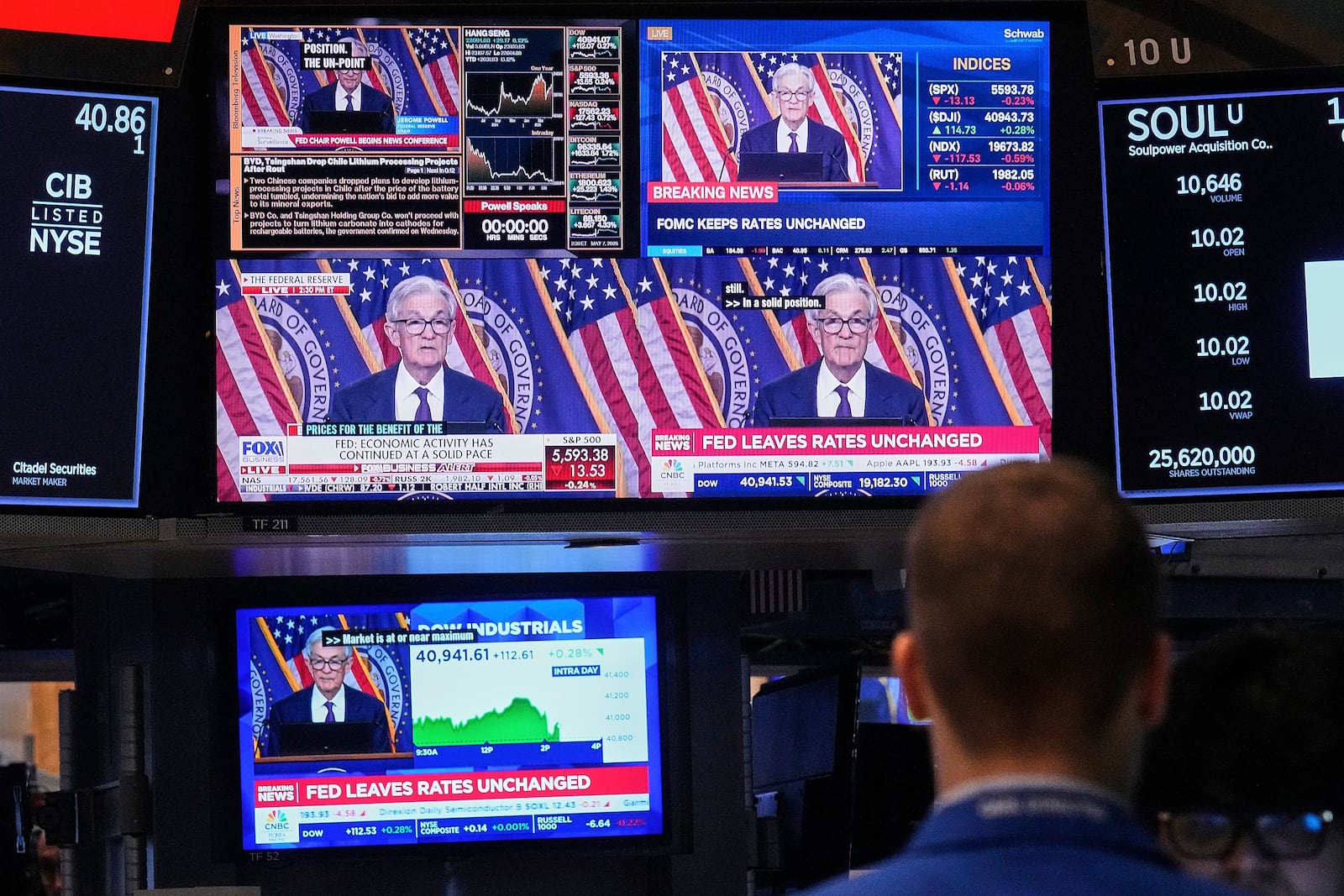Screens on a trading post on the floor of the New York Stock Exchange show the news conference of Federal Reserve Chair Jerome Powell, Wednesday, May 7, 2025. (AP Photo/Richard Drew)