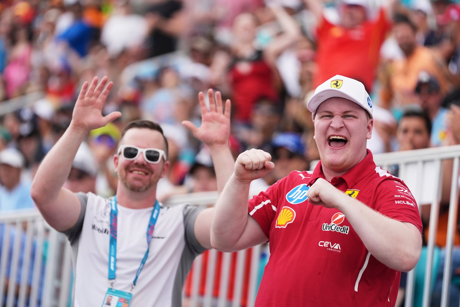 Fans cheer during the Sprint race at the Formula One Miami Grand Prix auto race, Saturday, May 3, 2025, in Miami Gardens, Fla. (AP Photo/Rebecca Blackwell)