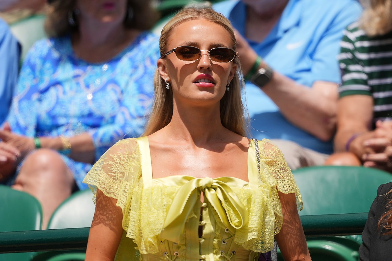 Morgan Riddle, the girlfriend of Taylor Fritz, arrives to watch the men's singles quarter final match between Taylor Fritz of the U.S. and Karen Khachanov of Russia at the Wimbledon Tennis Championships in London, Tuesday, July 8, 2025.(AP Photo/Kin Cheung)
