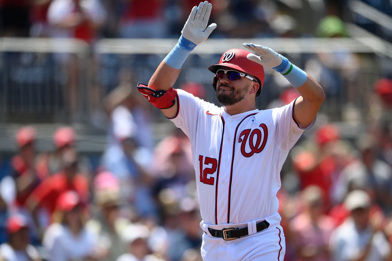 Washington Nationals' Kyle Schwarber celebrates his home run during the fifth inning of a baseball game against the New York Mets, Sunday, June 20, 2021, in Washington. (AP Photo/Nick Wass)