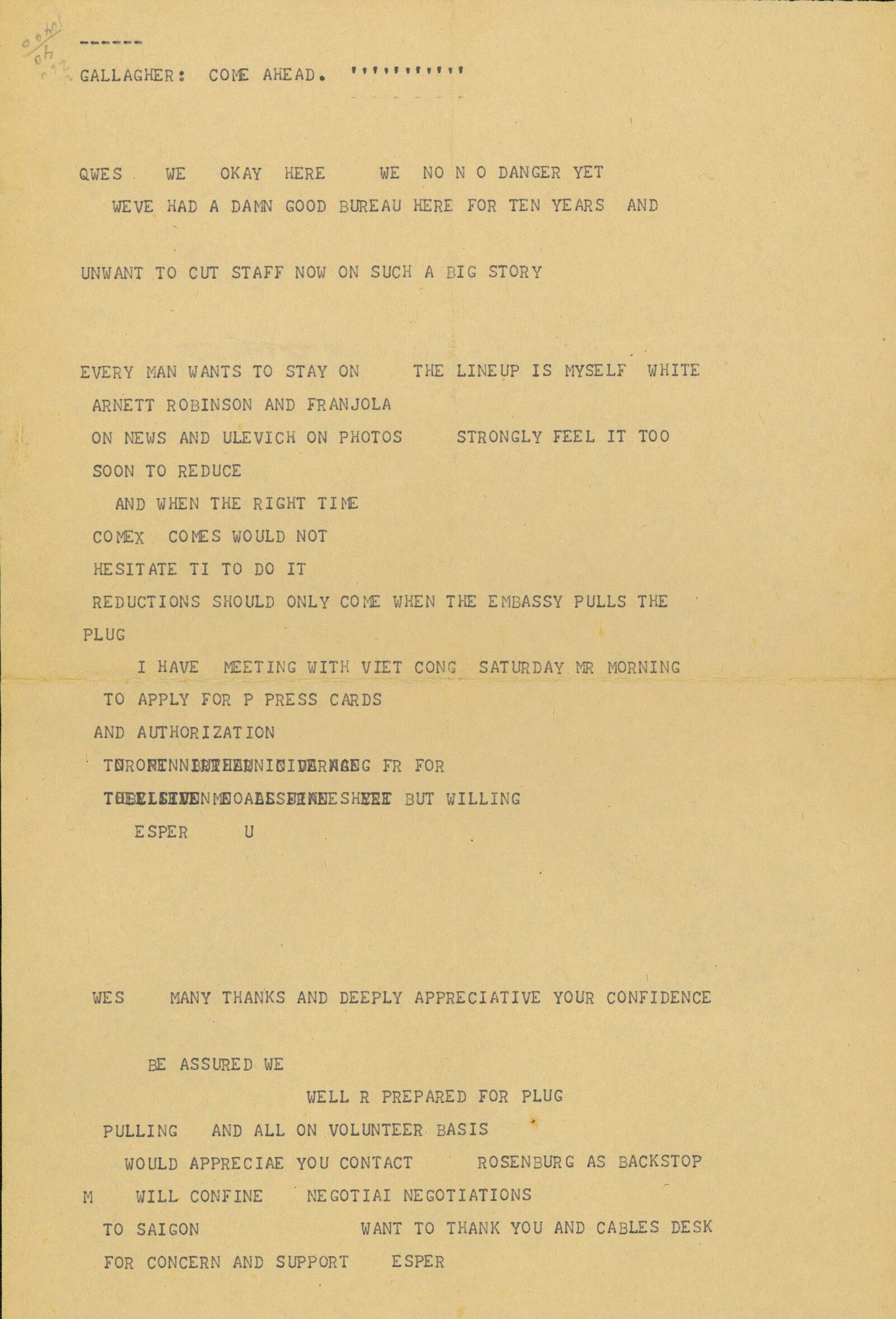 Message from AP's Saigon bureau chief George Esper to General Manager Wes Gallagher concerning AP staff covering the fall of Saigon in April, 1975. (AP Photo/Corporate Archives)
