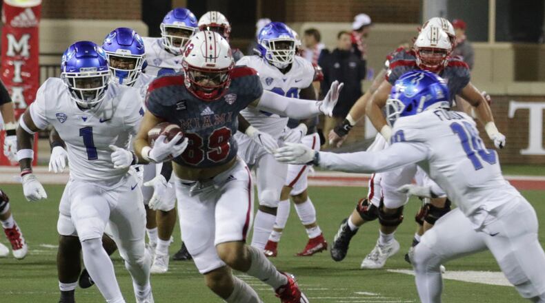 Miami's Jack Coldiron runs after a reception during Tuesday night's game vs. Buffalo at Yager Stadium. Miami Athletics photo