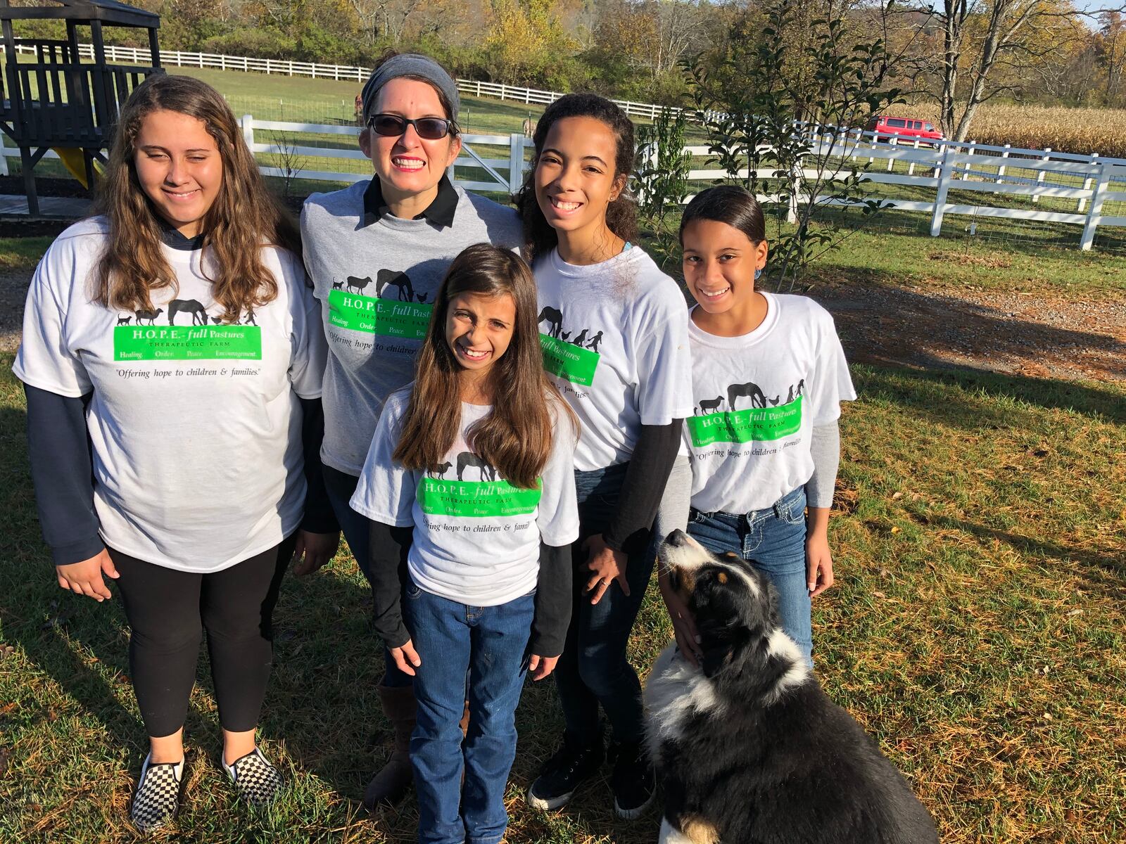 Christa Carrero, 41, recently opened Healing Order Peace Encouragement (HOPE)-Full Pastures Therapeutic Farm on six acres on Ross Hanover Road. She is pictured with four of her five daughters, from left: Juliana, Sofiana, Soliana and Luciana. RICK McCRABB/STAFF