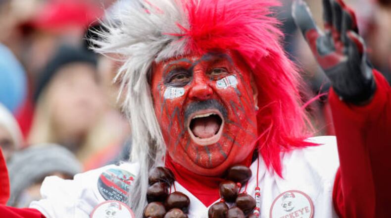 Ohio State fan "Buckeyeman" Larry Lokai cheers during game action between the Penn State Nittany Lions and the Ohio State Buckeyes on Oct. 28, 2017, at Ohio Stadium in Columbus.  (Getty Images)