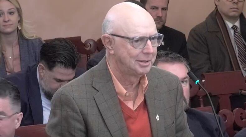 Dennis Blank, a pharmacist currently practicing part-time for the Medicine Shoppe of Urbana, testifying before the Ohio House Insurance Committee on Dec. 4, 2024, in favor of H.B. 505, or the Community Pharmacy Protection Act. COURTESY OF THE OHIO CHANNEL