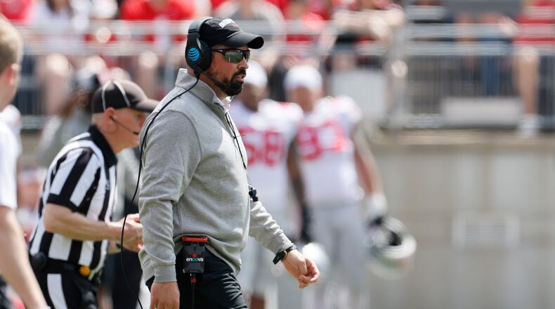 Ohio State head coach Ryan Day watches his team during their spring NCAA college football game Saturday, April 15, 2023, in Columbus, Ohio. (AP Photo/Jay LaPrete)