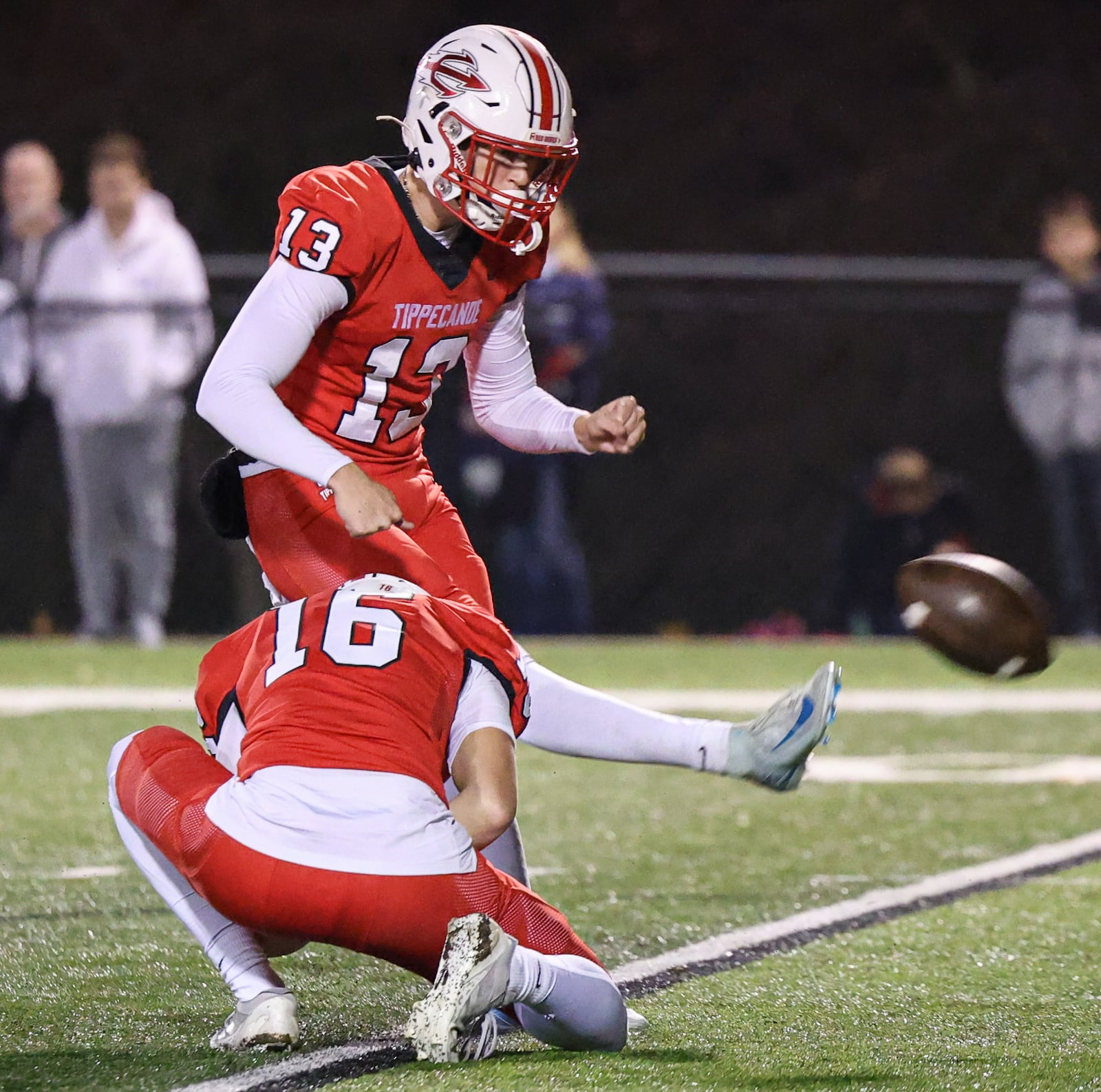 Tippecanoe junior kicker Owen Baileys kicks an extra point during a Division III, Region 12 quarterfinal against Talawanda on Friday, Nov. 7 at Tipp City Park. BRYANT BILLING/STAFF