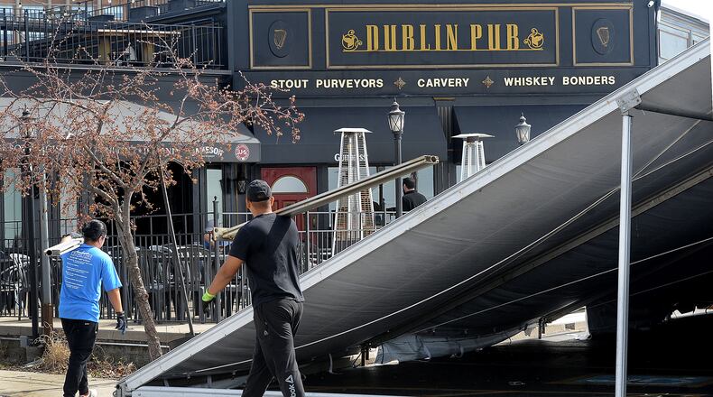 The big tent started going up Tuesday, March 12, 2024 at the Dublin Pub for the St. Patrick's Day celebration this weekend.  MARSHALL GORBY\STAFF