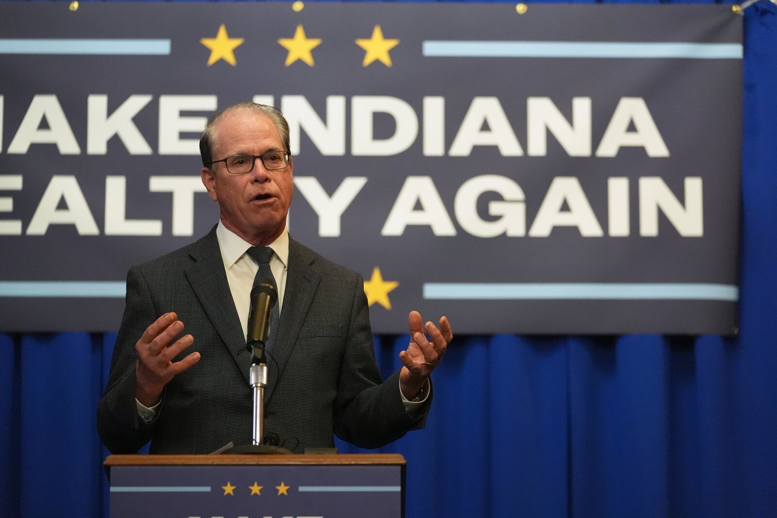 Indiana Gov. Mike Braun speaks during a Make Indiana Healthy Again initiative event in Indianapolis, Tuesday, April 15, 2025. (AP Photo/Michael Conroy)