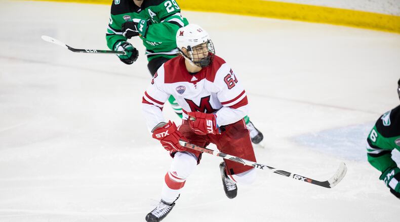Miami's Phil Knies against North Dakota last season at Steve Cady Arena. Miami Athletics photo