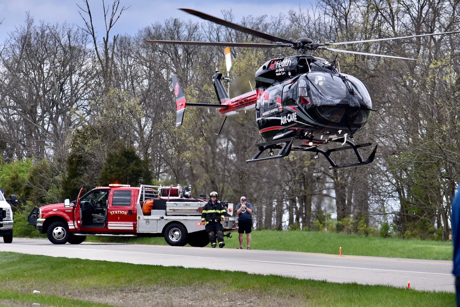Skid marks were visible on the road after a two-vehicle crash occurred today at the corner of Germantown and Keister roads. NICK GRAHAM/STAFF