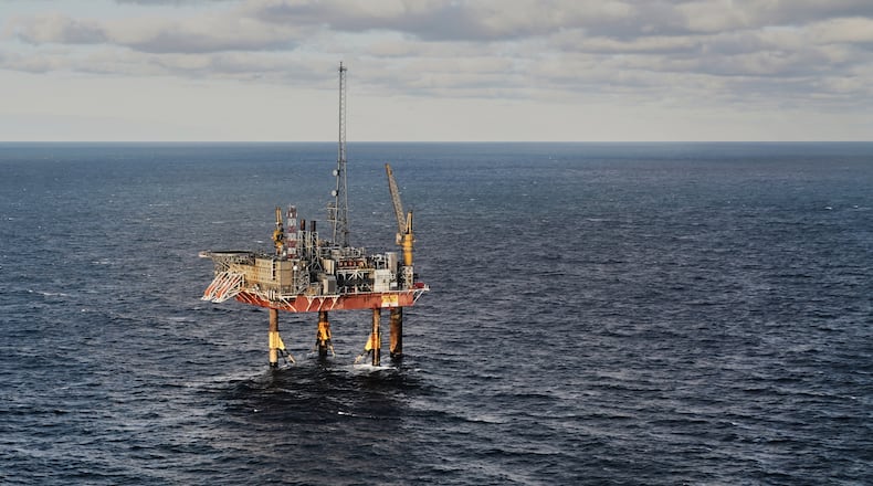 The INEOS Energy's Siri platform seen from a helicopter above the North Sea, Denmark, Tuesday, Nov. 25, 2025. (AP Photo/James Brooks)