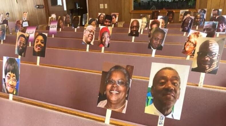 Volunteers at New Era Baptist Church in Middletown recently placed photos of members on the pews in the sanctuary because the Rev. Jamey Colts Sr. was preaching to an empty sanctuary due to the coronavirus. SUBMITTED PHOTO