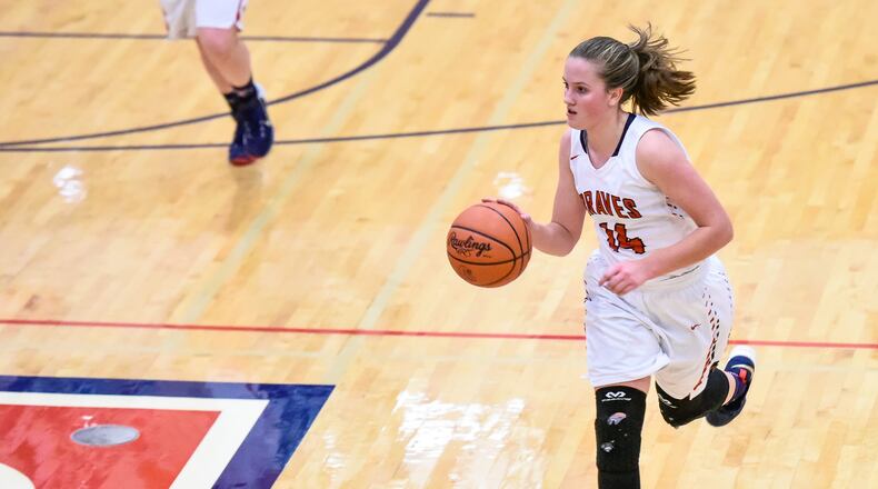 Talawanda’s Addie Brown dribbles up court during a game against Badin on Nov. 29, 2017, in Oxford. The visiting Rams won 54-32. NICK GRAHAM/STAFF