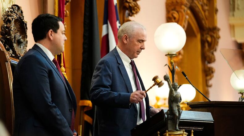 Speaker of the House Matt Huffman bangs the gavel next to Senate President Rob McColley before the State of the State address by Ohio Gov. Mike DeWine in the Ohio House chambers at the Ohio Statehouse on Wednesday, March 12, 2025, in Columbus, Ohio. (Samantha Madar/The Columbus Dispatch via AP, Pool)