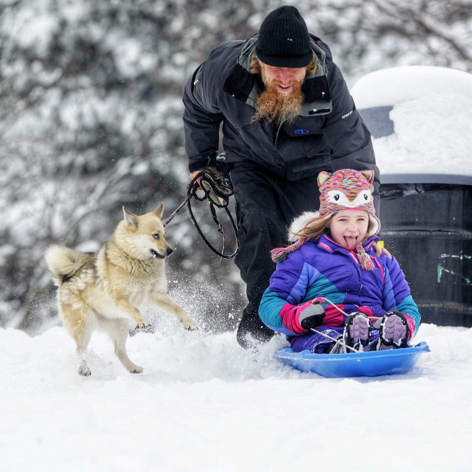 Jason Bender and Breanna Bender, 8, sled IN the snow with their dog, Lucy, Tuesday, February 9, 2021 at Harbin Park in Fairfield. NICK GRAHAM  / STAFF