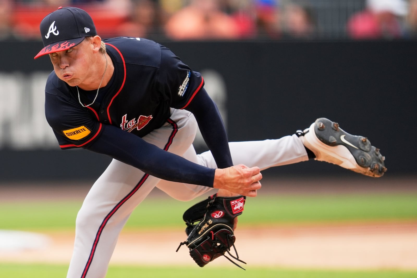 Atlanta Braves pitcher Hurston Waldrep throws against the Cincinnati Reds during the second inning of the MLB Speedway Classic baseball game at Bristol Motor Speedway in Bristol, Tenn., Sunday, Aug. 3, 2025. Play was resumed today after yesterday's weather delay. (AP Photo/George Walker IV)