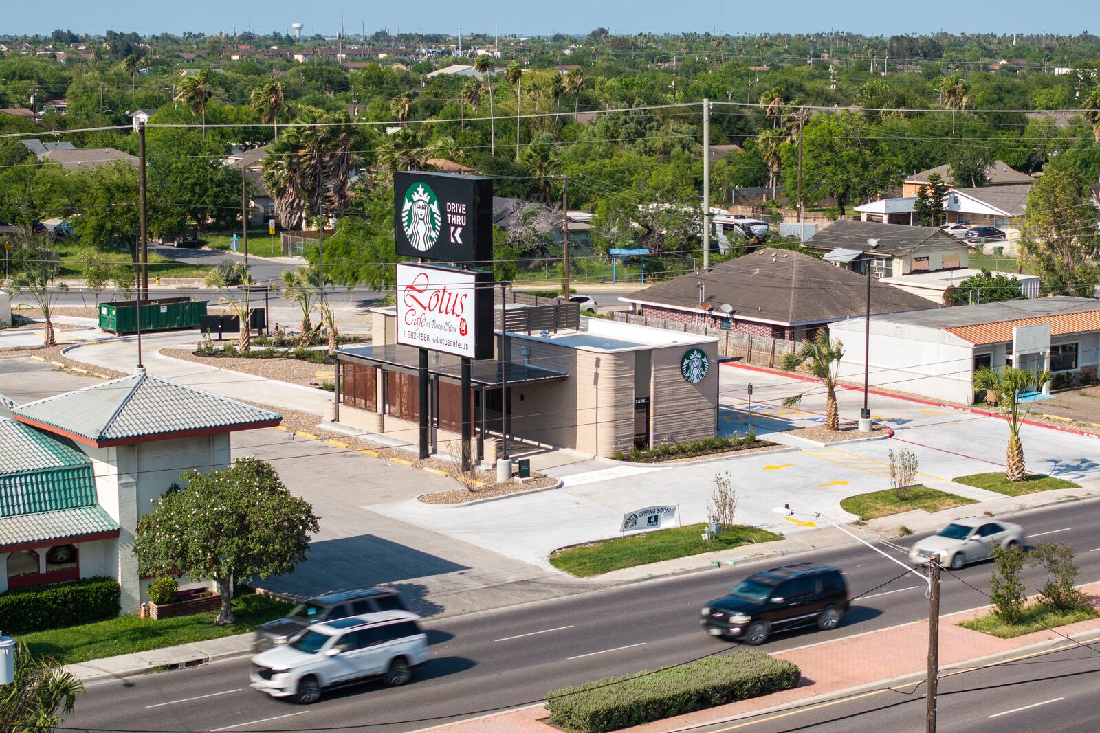 An aerial view shows a 3D printed Starbucks building Monday, April 28, 2025, in Brownsville, Texas. (AP Photo/Michael Gonzalez)