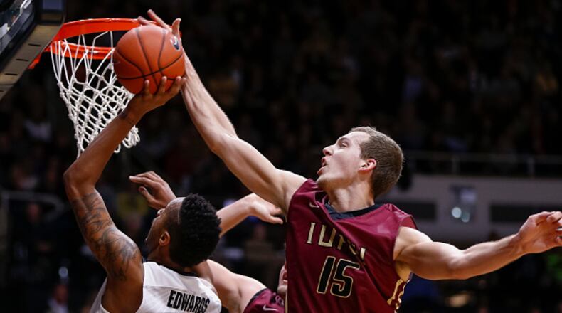 WEST LAFAYETTE, IN - DECEMBER 7: Matt O’Leary #15 of the IUPUI Jaguars blocks the shot of Vince Edwards #12 of the Purdue Boilermakers at Mackey Arena on December 7, 2015 in West Lafayette, Indiana. Purdue defeated IUPUI 80-53. (Photo by Michael Hickey/Getty Images)