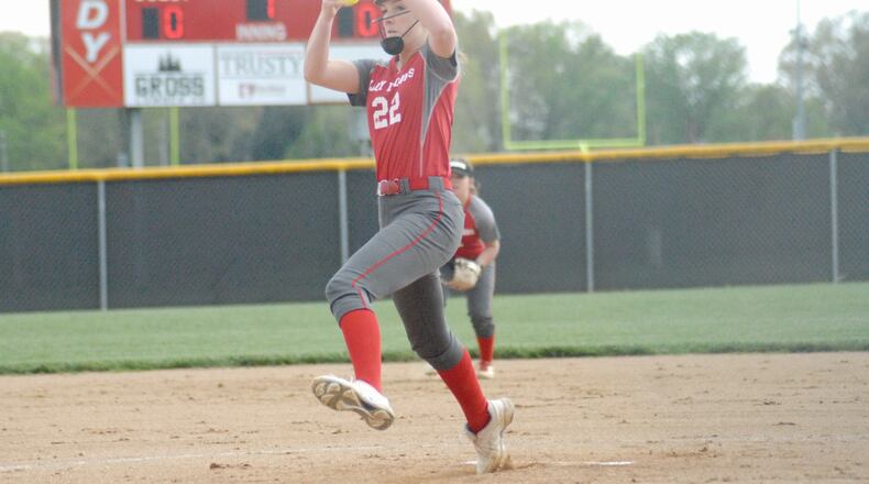 Carlisle junior pitcher Kara Adkins prepares to send a pitch to the plate against visiting Talawanda on Tuesday. Chris Vogt/CONTRIBUTED
