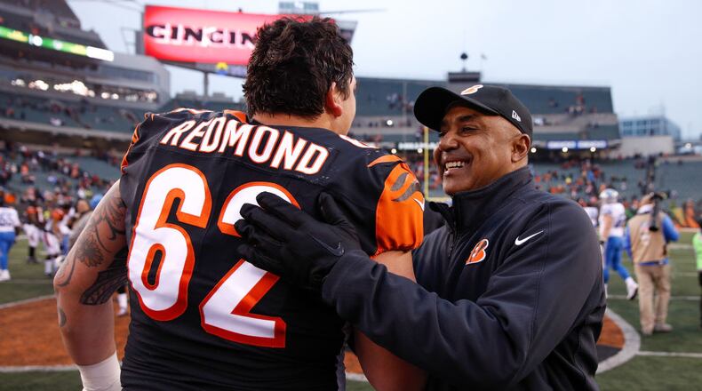 CINCINNATI, OH - DECEMBER 24: Head coach Marvin Lewis of the Cincinnati Bengals celebrates with Alex Redmond #62 after the game against the Detroit Lions at Paul Brown Stadium on December 24, 2017 in Cincinnati, Ohio. (Photo by Joe Robbins/Getty Images)
