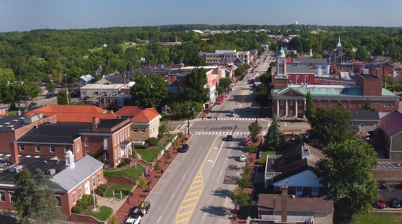 Aerial view of the Broadway Street corridor in downtown Lebanon. Lebanon City Council voted to repeal the year-old Sanctuary City for the Unborn ordinance and replaced it with an ordinance that conforms to the recent Dobbs v. Jackson Womens Health Organization ruling handed down by the U.S. Supreme Court. FILE PHOTO