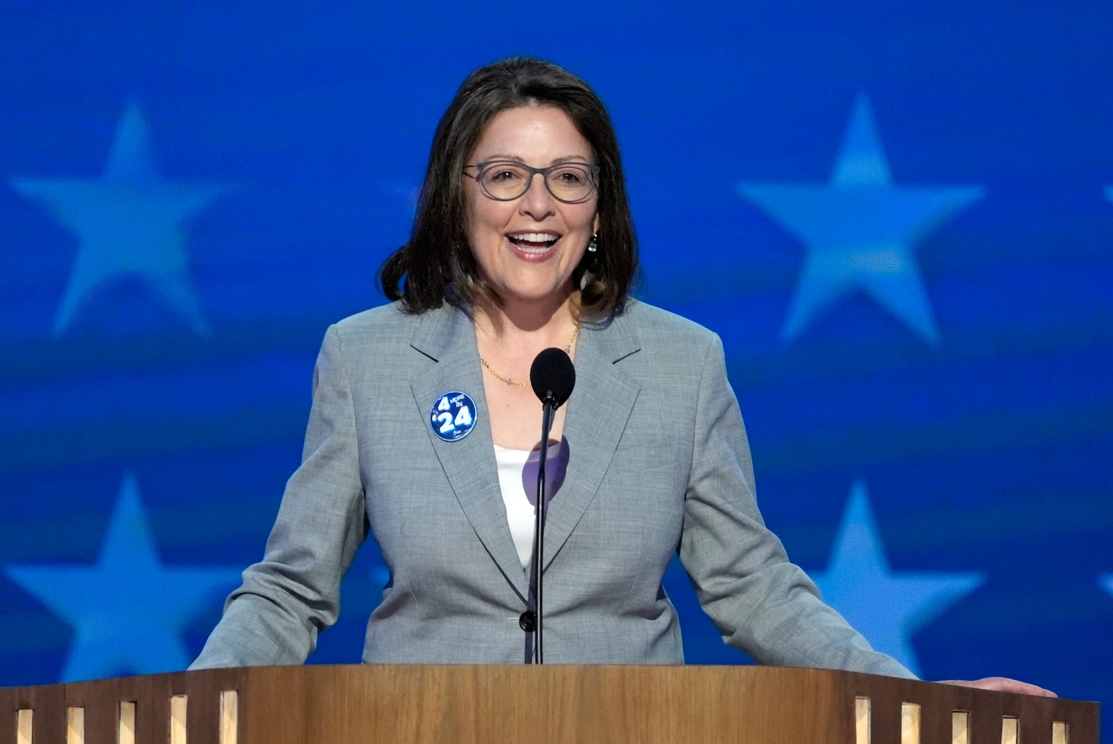 FILE - Rep. Suzan Delbene, D-Wash., speaks during the Democratic National Convention, Aug. 21, 2024, in Chicago. (AP Photo/J. Scott Applewhite, File)