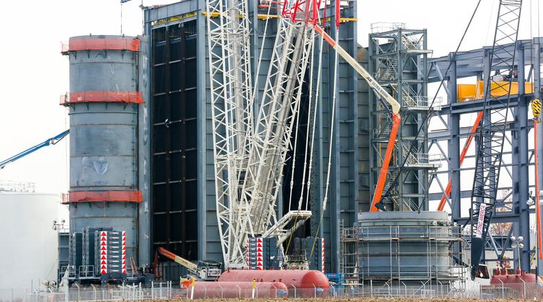 Construction at the NTE Energy plant in Middletown, shown here in late November, is believed to have accounted for at least 8 percent of the city’s income-tax-withholding increase last year. The natural gas-fueled power plant could open in 2018. GREG LYNCH / STAFF FILE 2016