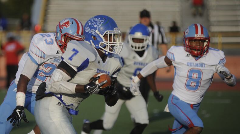 Dunbar senior RB Tavion Thomas. Belmont defeated Dunbar 42-0 in a season-opening high school football game at Welcome Stadium in Dayton on Thursday, Aug. 24, 2017. MARC PENDLETON / STAFF