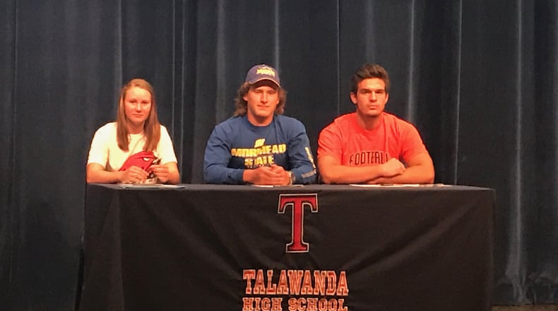 Three Talawanda High School student-athletes announced their collegiate choices during a recent signing ceremony at the school. They are (from left) Zoe Coleman (Miami Hamilton, softball), Luke Croucher (Morehead State, football) and Andrew O’Donnel (Ohio Northern, football). SUBMITTED PHOTO
