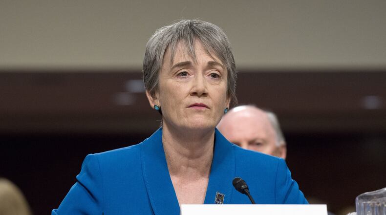 Air Force Secretary Heath Wilson, shown testifying before the US Senate Armed Services Committee on March 30, 2017 after her nomination to the post, opposed the creation of a separate space corps. (Ron Sachs/CNP/Sipa USA/TNS)