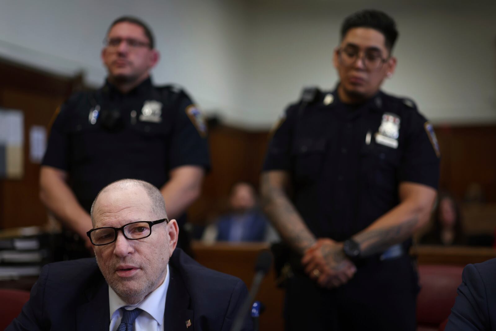 Harvey Weinstein appears in Manhattan Criminal Court for the third day of jury selection in his retrial, Thursday, April 17, 2025 in New York. (Mike Segar/Pool Photo via AP)