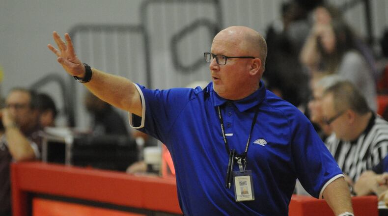 Springboro coach Tom Benjamin. Springboro defeated Lebanon 54-31 in a girls high school basketball D-I sectional final at Troy on Friday, Feb. 24, 2017. MARC PENDLETON / STAFF